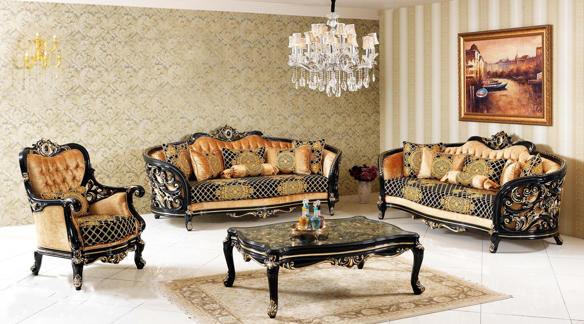 Set Kursi Sofa Tamu Klasik Mewah Black Gold Duco Elegant Living Room Sets B45 - Image 1